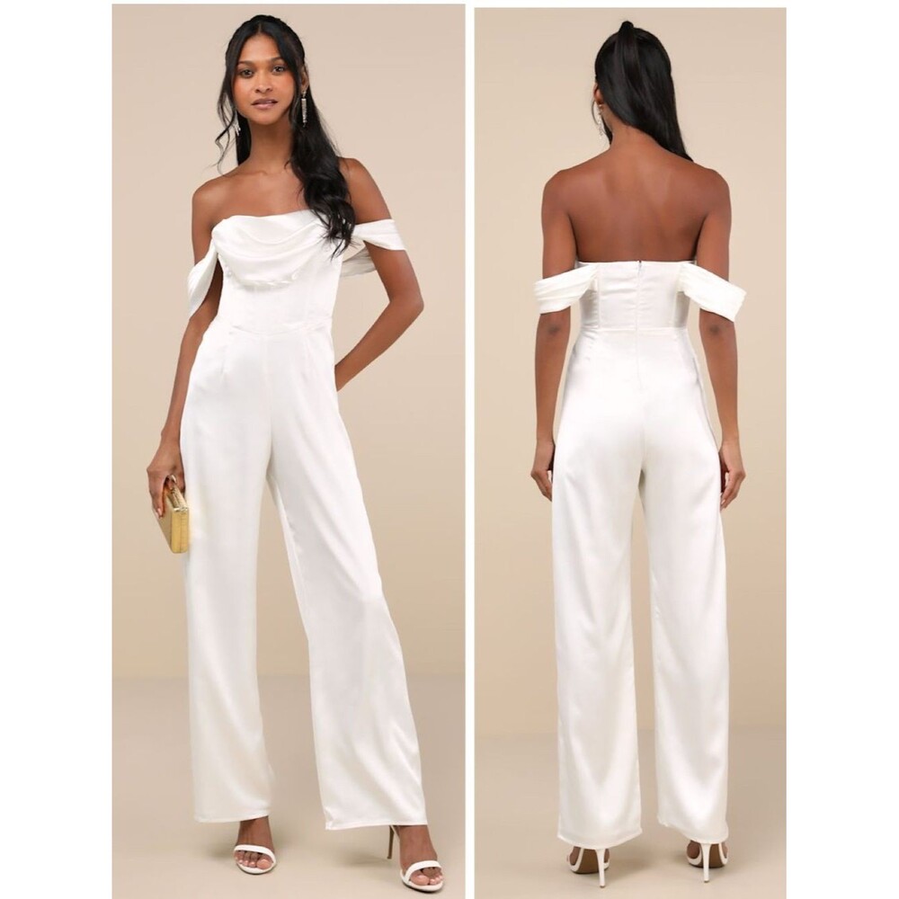 Lulus Unbelievable Aura White Satin Off-the-Shoulder Jumpsuit Size Large Bridal